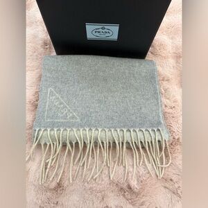 Prada Luxurious rectangular Gray Scarf with Fringe
